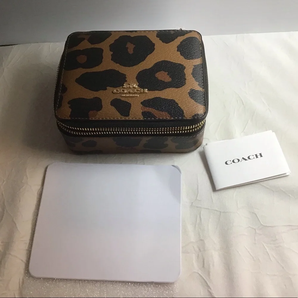 Coach Leopard Print Travel Jewelry Case in Brown and Black with Mirror